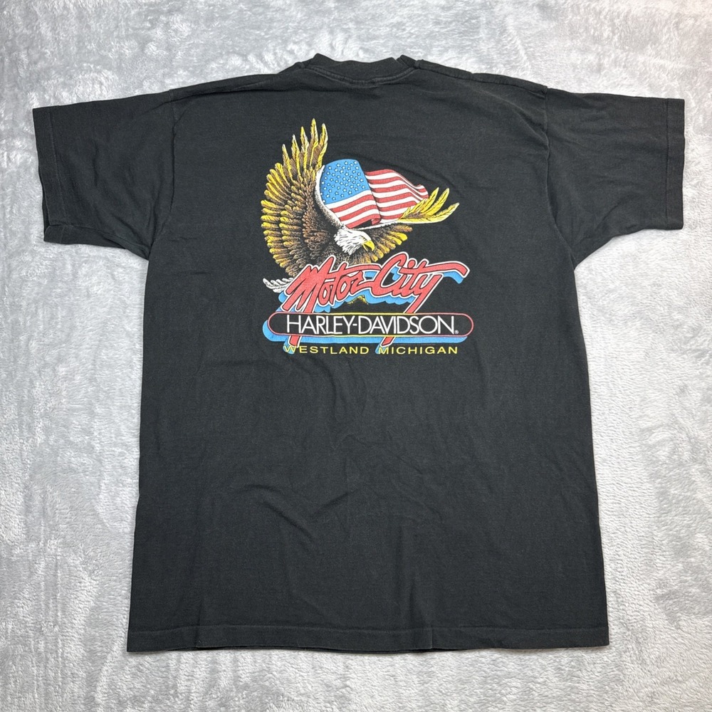 Harley‎ Davidson Shirt Mens XXL Black Selvedge Pocket Motor City Eagle 80s 90s